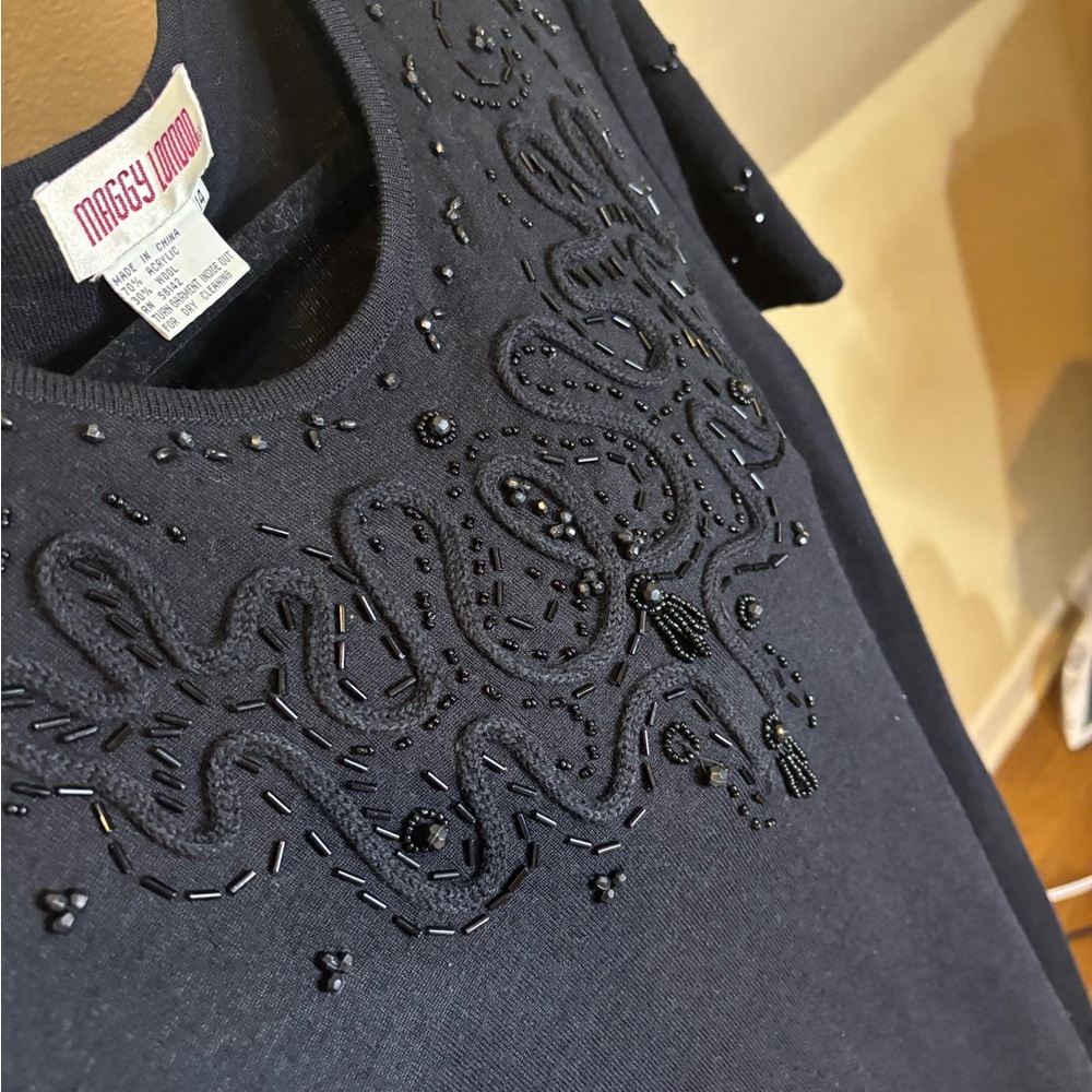 Vintage 90s Maggy London Black Beaded Knit Dress – Size 14 (Fits M/L) wool blend - Picture 5 of 13